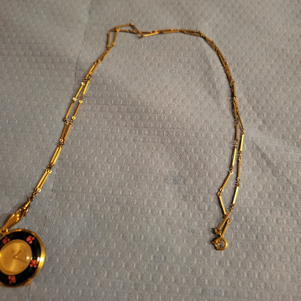 Bucherer Swiss Pendant Watch w Floral Enamel Design